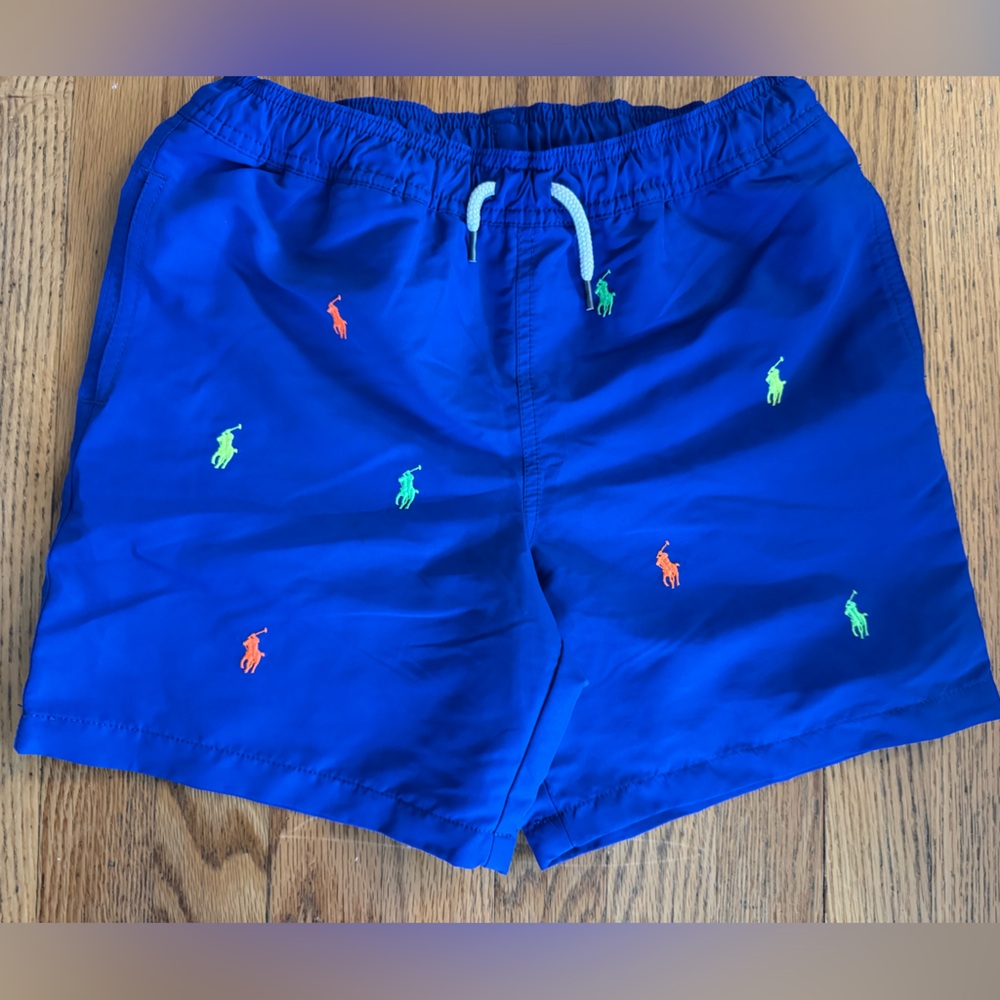 Polo by Ralph Lauren Kids Blue Swim Trunks with Colorful Embroidery